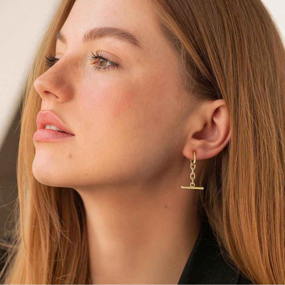 NEW! Gold Trendy Minimalist Bar Charms Huggie Hoop Earrings